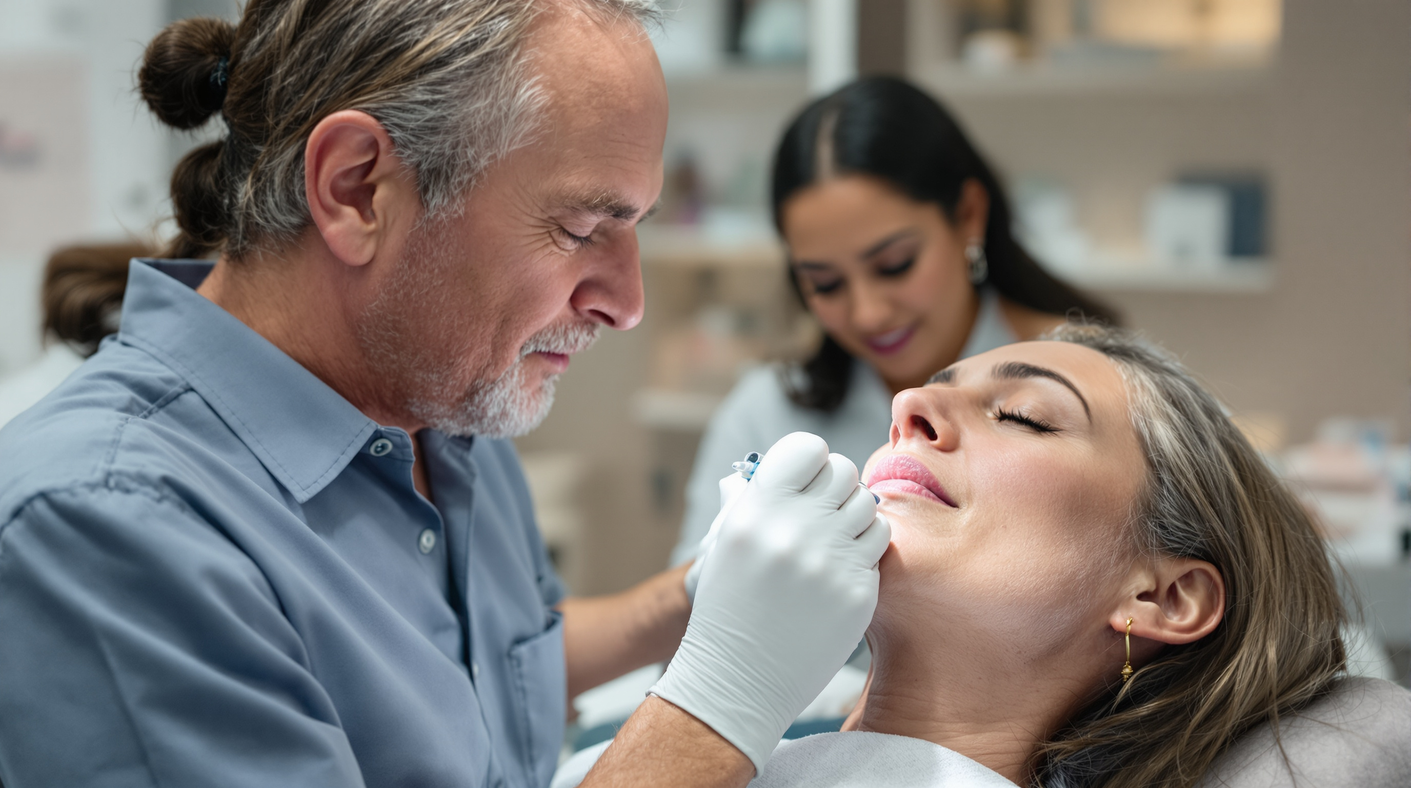 A gloved injector marking the jawline of a calm patient before dermal filler
