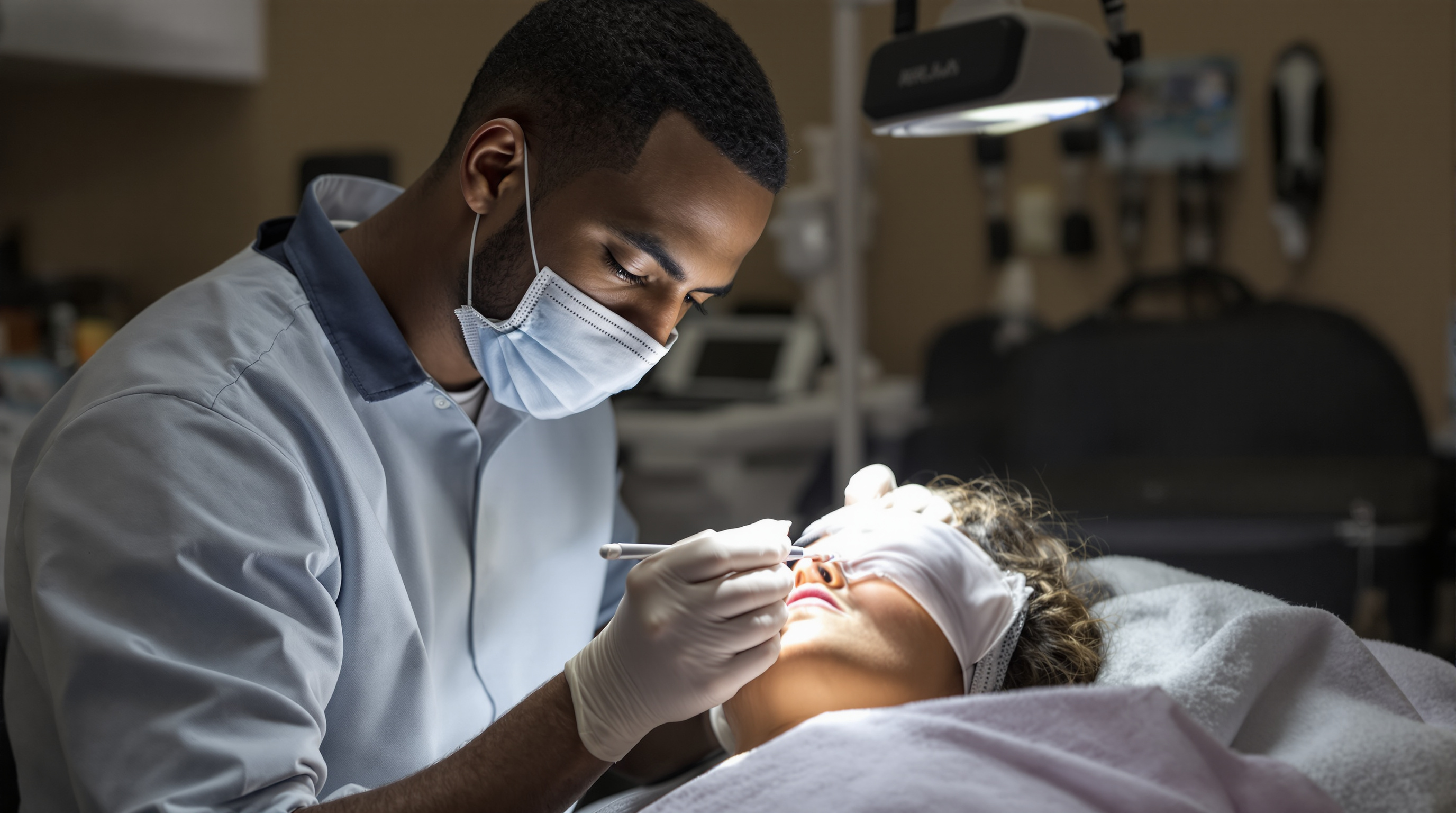 A gloved injector assessing the bridge of a patient's nose in profile in a bright clinic