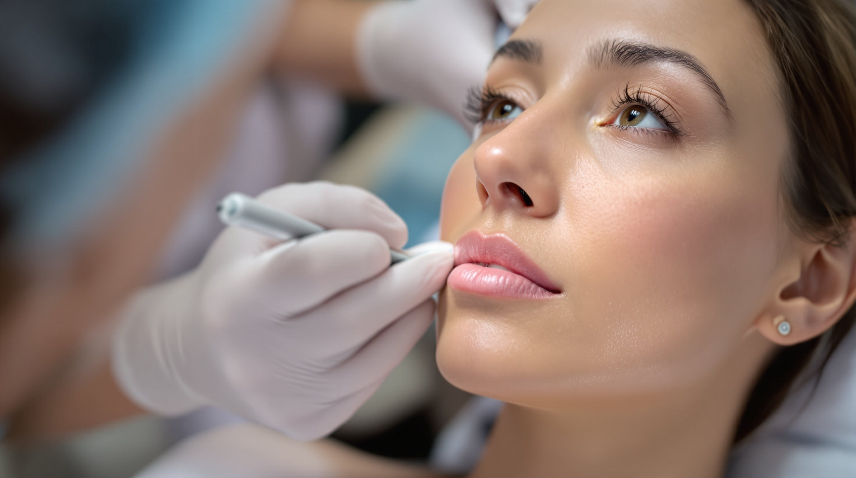 A gloved clinician marking lift vectors along a calm patient's jawline before a thread procedure in a bright clinic