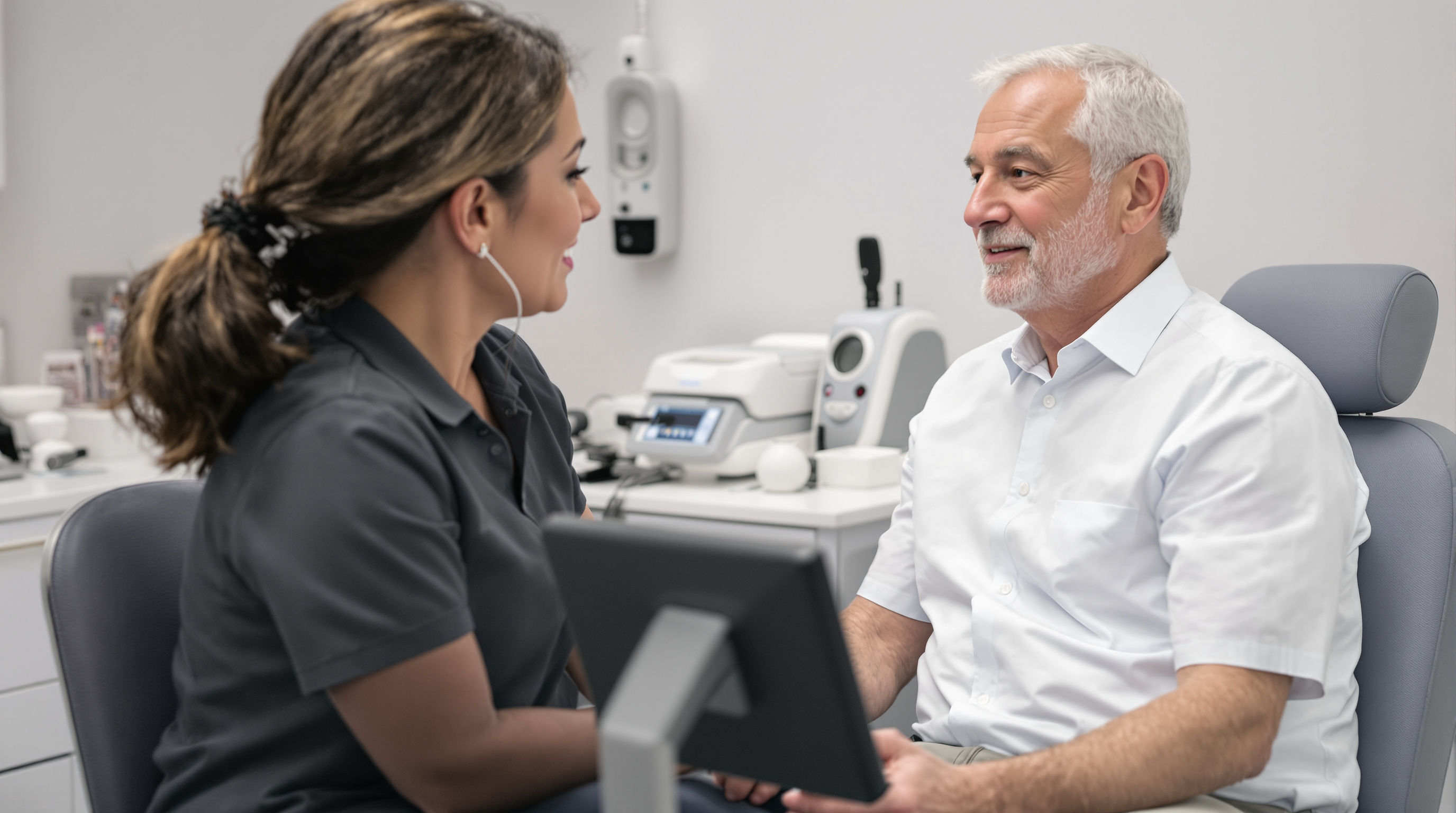 A clinician guiding a smooth energy-device handpiece along a patient's jawline in a bright clinic