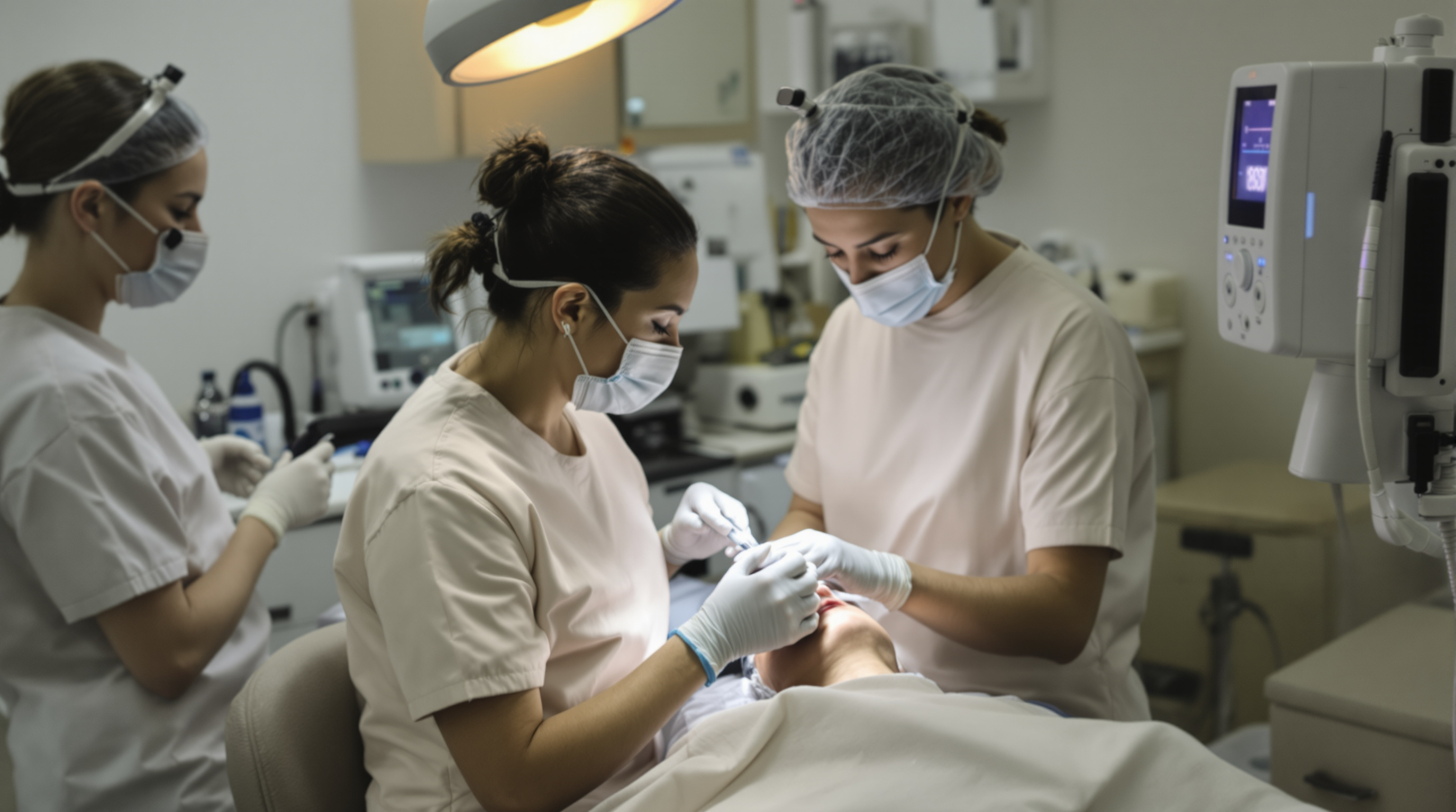 A clinician reviewing a patient's facial proportions during a consultation in soft daylight